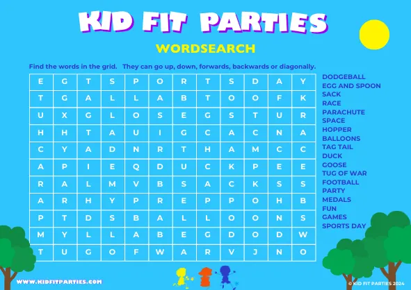 Kid Fit Sports Day Parties wordsearch 2